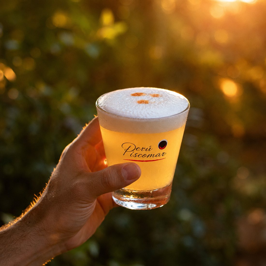 Copa de pisco sour PiscoMar sostenida a contraluz al atardecer