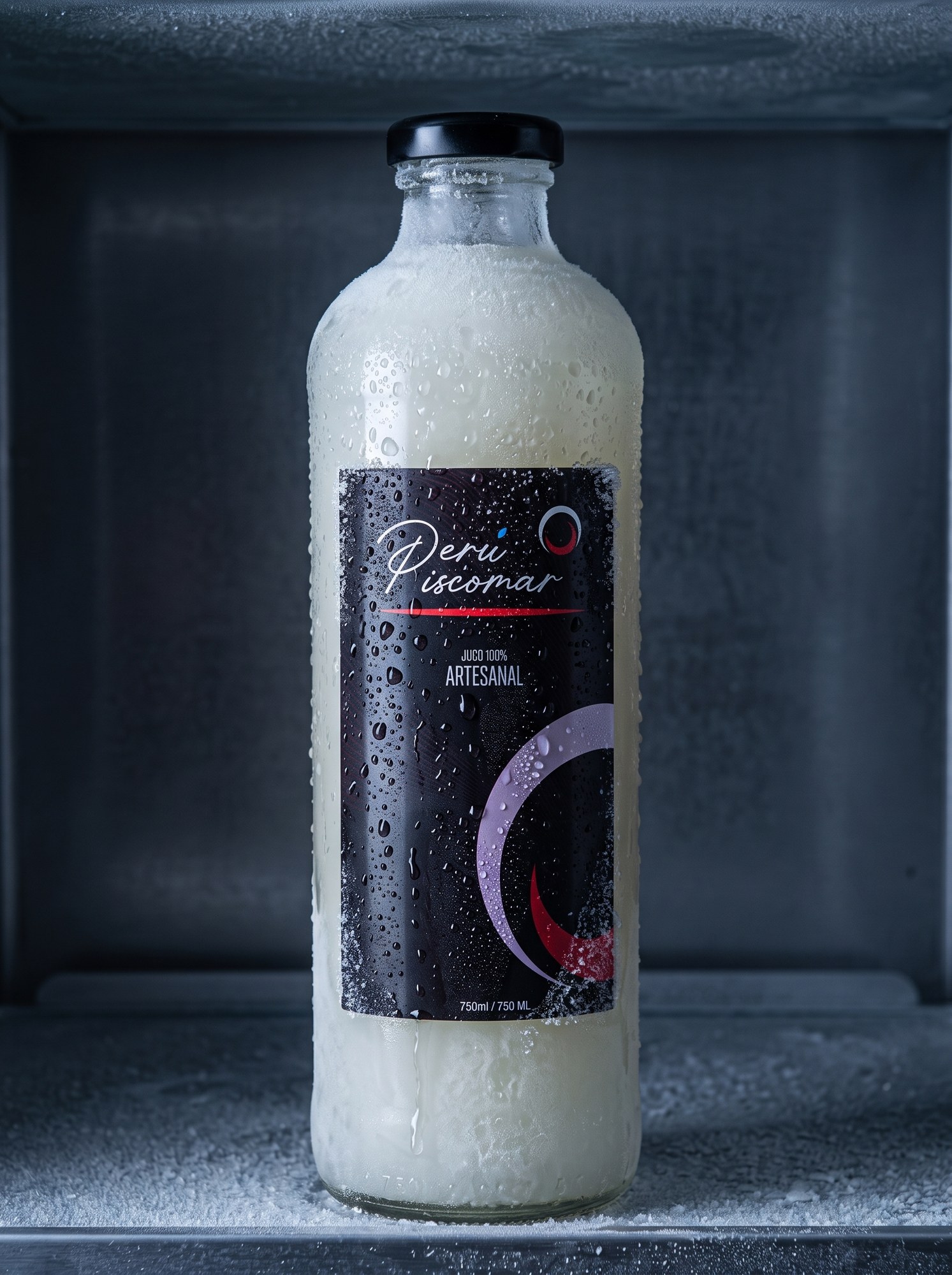 Botella de pisco sour PiscoMar fría, cubierta de condensación