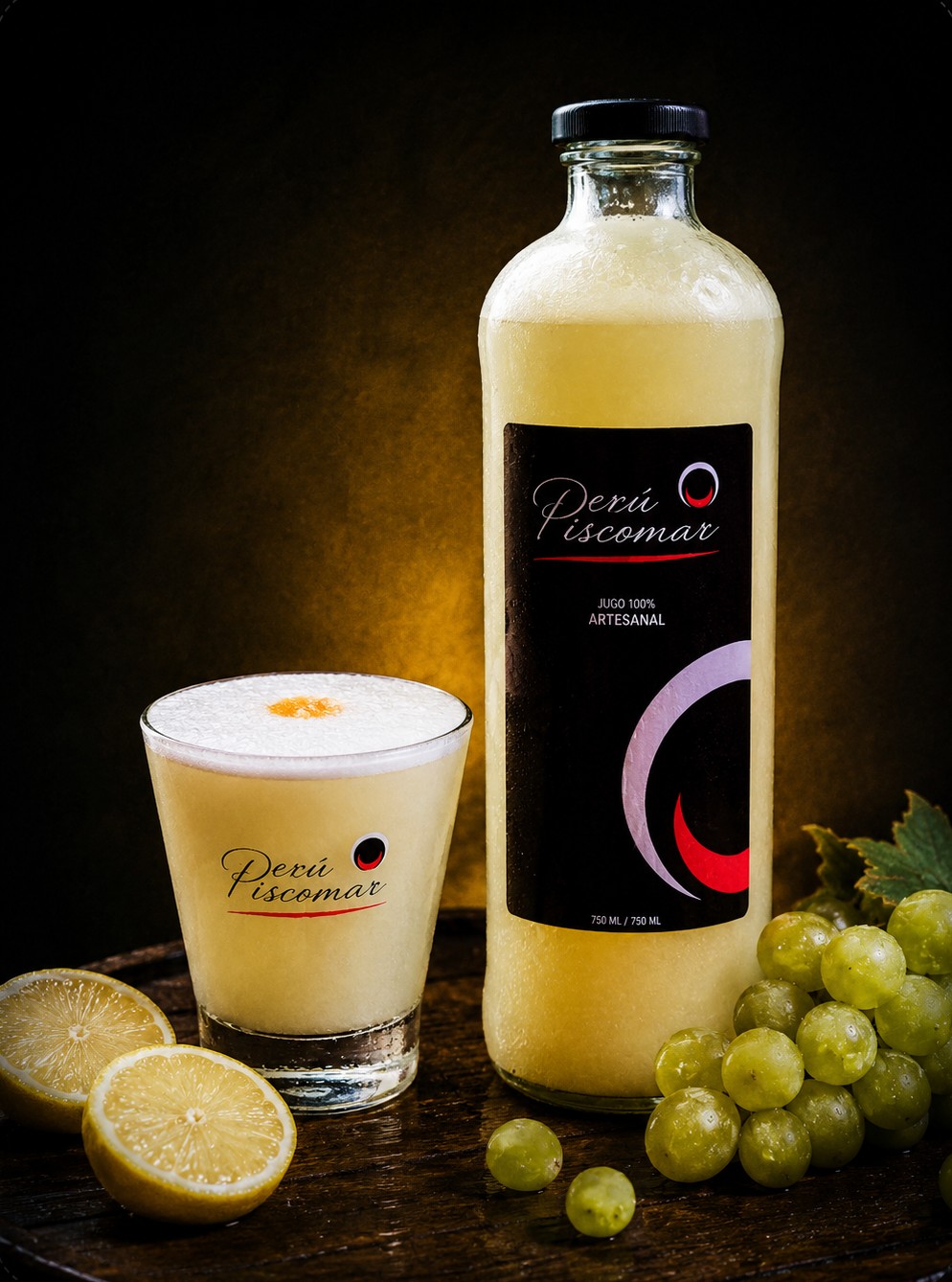Botella de pisco sour PiscoMar junto a la copa servida