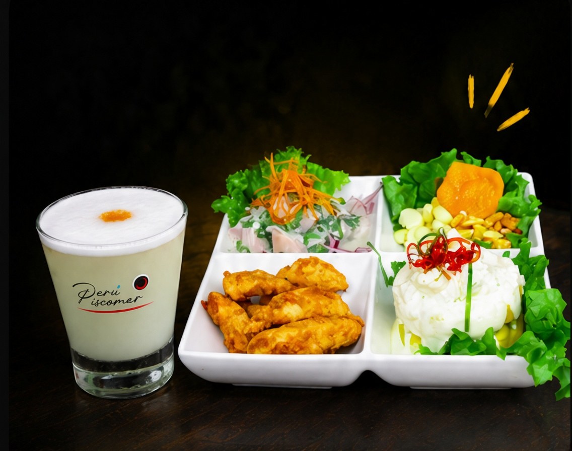 Copa de pisco sour junto a un plato peruano en la mesa